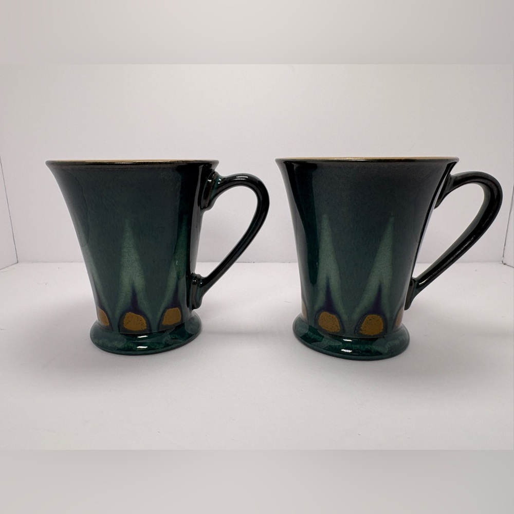 Denby Gatsby Green Flame Pair Of Footed Coffee Mugs Cups England Vintage 8 Oz